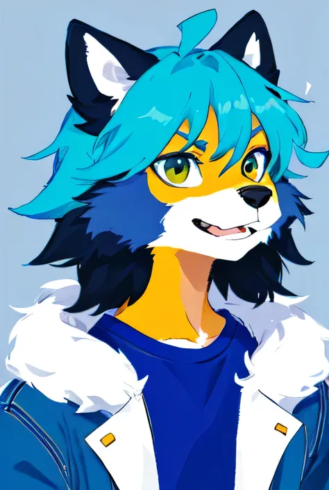 In this digital sketch portrait, a furry boy, art style similar to a cartoon, is portrayed wearing casual classic clothes, exuding an aura of happiness, colored. He is seen wearing a basic classic outfit, with a vibrant blue sweater and black jeans. His ex...