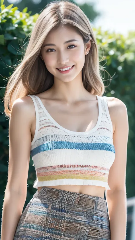 Japanese Girls、abroad、(（highest quality，masterpiece，超A high resolution）)，（Realistic：1.4），1 girl，Head to Knee，Dynamic posture，Adult face，slim，thin、(smile)，（Shiny skin），（overview，frontage，Twilight），Gray Hair，Long white hair，Rainbow Eyes，Large Breasts，Top Fas...