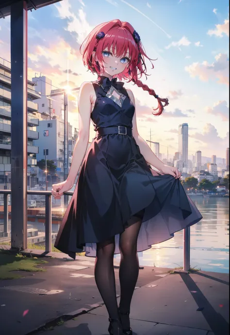 (masterpiece, highest quality:1.2),shape,8k,High resolution,kurosaki mea,Red Hair,Long Hair,Long braids,Purple eyes,1 girl,Grin,smile,Sleeveless black dress,Bare arms,black long skirt,Black pantyhose,Stiletto heels,evening,Sunset,The sun is setting,Looking...