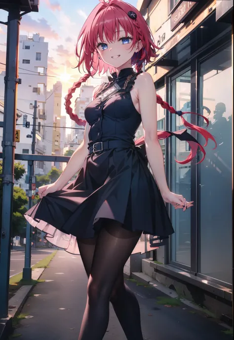 (masterpiece, highest quality:1.2),shape,8k,High resolution,kurosaki mea,Red Hair,Long Hair,Long braids,Purple eyes,1 girl,Grin,smile,Sleeveless black dress,Bare arms,black long skirt,Black pantyhose,Stiletto heels,evening,Sunset,The sun is setting,Looking...