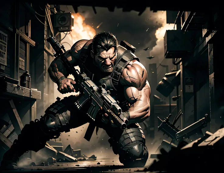 A highly detailed, hyper-realistic, cinematic image of a very angry Punisher, Frank Castle, storming with full weapons gear, machine gun, against his enemies, dramatic lighting, gritty, dark and grungy, cinematic composition, moody, intense, high contrast,...