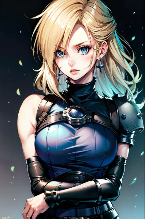 (masterpiece, best quality:1.2), expressive eyes, perfect face, highres, 1 girl, solo, (female:1.5), strife, blonde hair, shoulder armor, sleeveless turtleneck, suspenders, belt, gloves, bracer, blushing, surprised face, standing, portrait, looking at view...