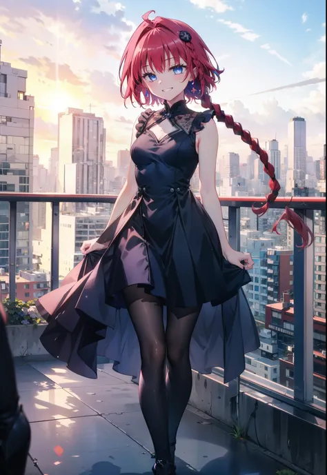 (masterpiece, highest quality:1.2),shape,8k,High resolution,kurosaki mea,Red Hair,Long Hair,Long braids,Purple eyes,1 girl,Grin,smile,Sleeveless black dress,Bare arms,black long skirt,Black pantyhose,Stiletto heels,evening,Sunset,The sun is setting,Looking...