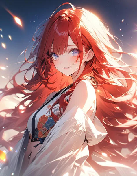 ((A woman with hair longer than her height))solo、Wicked Smile、Looking at the camera、She is wearing a Japanese-style swimsuit.,Women with very long hair　28 years old　Iris　Burning red hair　(Sun and Light. Cinematic.ighting)(Spectacular image quality)With bri...