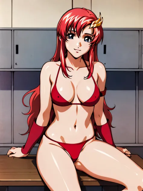 lacus4, ((naked pussy), (pussy, red bikini top), thin girl, best illustration, masterpiece, cowboy shot, very slim shoulders, 4K, Best Quality, Anime style: 1.9, happy, Adult Woman, (ultra detailed head), Drawing lines, high resolution, lacus4), 1girl, Sol...