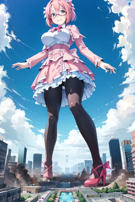 giantess art, highly detailed giantess shots, giantess, Two legs, Five fingers, short hair, A beautiful girl who is bigger than a skyscraper, Wearing rimless glasses, smile, Big Breasts, pink dress, bow, magical girl, magical girl wand, black pantyhose, pi...