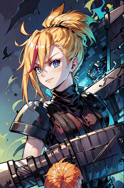 (masterpiece, best quality:1.2), Blue  glowing eyes, perfect face, highres, 1 girl, solo, ultra long ponytail, (female:1.5), strife, blonde hair, shoulder armor, sleeveless turtleneck, suspenders, belt, gloves, bracer, evil smile, standing, portrait, looki...