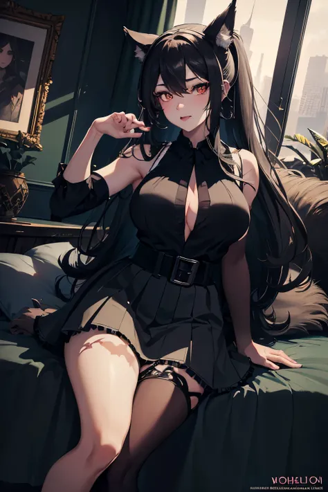 (Absurd, High Resolution, Ultra Detailed), 1 Chubby Wolfwoman, Fullbody, Trending, Maximalist, Artwork by Artgerm, Anime Style, 8k, Stunningly Beautiful, Sleeveless Top, Pleassed Skirt, Dark Eyes, Long Black Ponytail, Light and Transparent Veil Filled with...