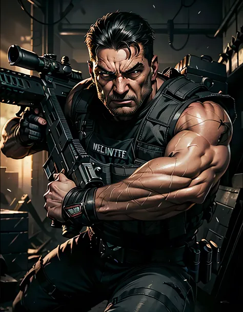 a highly detailed, hyper-realistic, cinematic image of a very angry punisher, frank castle, storming with full weapons gear, mac...