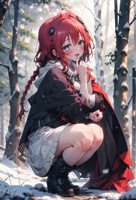 kurosaki mea,Red Hair,Long Hair,Long braids,Purple eyes,smile,smile,blush,White Breath,
Open your mouth,snow,A bonfire on the ground,,Outdoor, boots, snowing, From the side, wood, suitcase, Cape, Blurred, , forest, White handbag, nature,  Squat, Mouth clos...