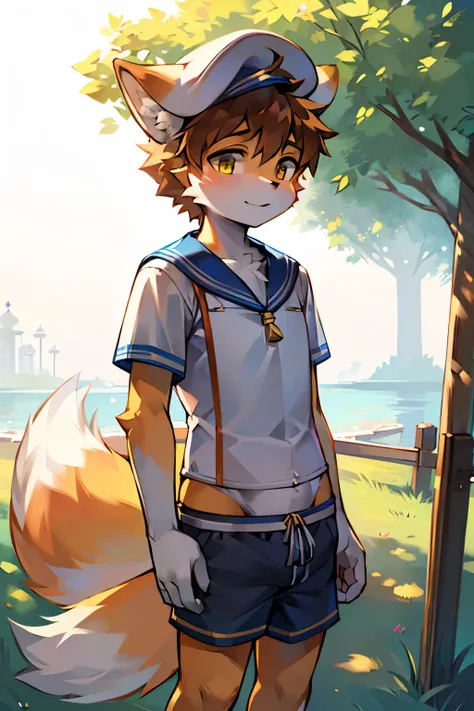 Bright outside，Fox Boy，furry men，Male focus，Characteristics of three-year-old boy ，One meter three height，Yellow skin，White Arm，Sailor hat，Sailor Suit，shorts，Standing