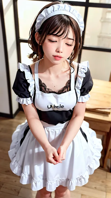 (8K photo quality、Ultra high definition、masterpiece, highest quality),1 girl, 16-year-old girl、solo, ((whole body))、(((Naked Apron)))、Mini apron、(((White ruffled maid apron)))、((The apron is made of lace fabric))、kitchen、(((Close your eyes, look up a littl...