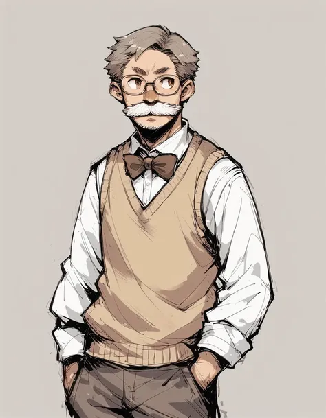 score_9, score_8_up, score_7_up, score_6_up, cowboy shot, solo, 1boy, short hair, grey hair, mustache, brown eyes, glasses, bowt...