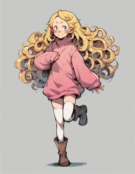 score_9, score_8_up, score_7_up, score_6_up, solo, 1girl, standing on one leg, long hair, blonde hair, curly hair, blue eyes, bl...