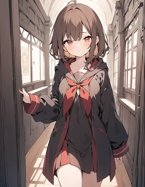 a female mage walking in the hallway of a magic school, long brown hair, amber eyes, wearing a black hooded robe with a pop of red, pale color tones, 35mm, f/1.2, UHD, high details, best quality, highres, masterpiece、cute