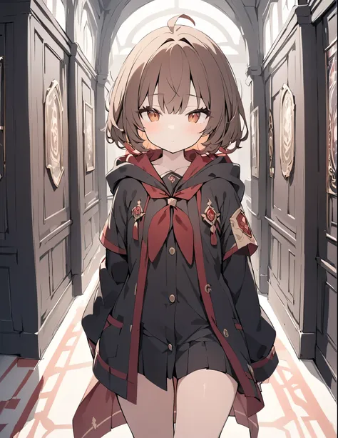 a female mage walking in the hallway of a magic school, long brown hair, amber eyes, wearing a black hooded robe with a pop of red, pale color tones, 35mm, f/1.2, UHD, high details, best quality, highres, masterpiece、cute