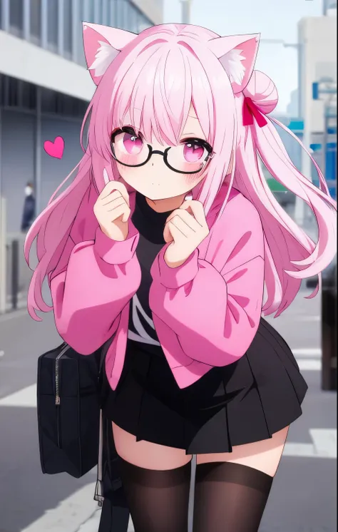 I have white pink hair, cat ears, a bun, my face is super blushing, black glasses, pink heart eyes, a big pink sweatshirt, a black skirt, black stockings, white shoes, a cat&#39;s tail, a girl. very shy I am in her bedroom lying on her bed