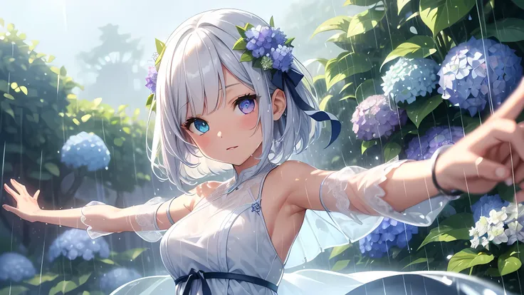 Best quality、Photorealistic、Ultra-detailed、delicate、Orderly、High Detail、Bluish Silver Short Bob、(Drooping heterochromia iris,glowing eyes:1.2)、slender、(One girl:1.2)、(Hydrangea fields、In the rain、wet、 Dynamic angle、Girl spinning around with arms outstretch...