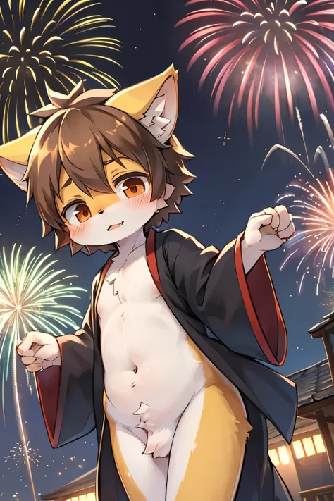 Kemoshota, naivety, fireworks, baggy Yukata, navel, dynamic angle