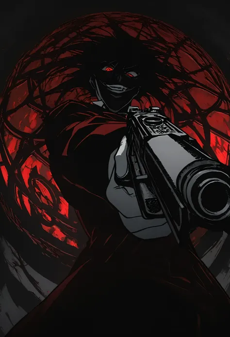 alucard from "hellsing" in close-up, in high quality.  fisheye effect, focusing the image on the barrels of their distinctive en...