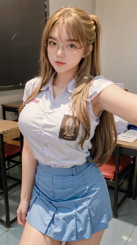 masterpiece , beautiful 18 years old , gigantic large breast , cleavage , sleeveless , ((wearing high school uniform)) , high sc...