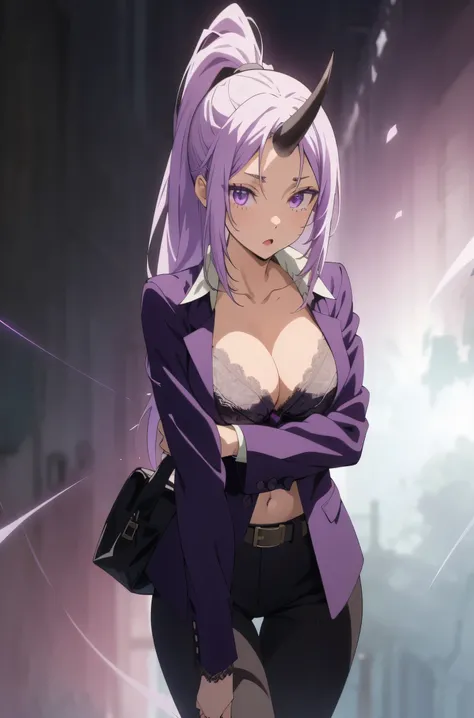 Shion 1 Girl, Belt Bag,medium chest,Holding, Holding_sword,m, Horns, length_hair, Open_mouth, pants, ponytail, purple_eye, purple_hair, purple_Jacket, shirt, (((white lace bra))) , single_Horn, sword, very_length_hair, arms , break masterpiece ,8k unity wa...