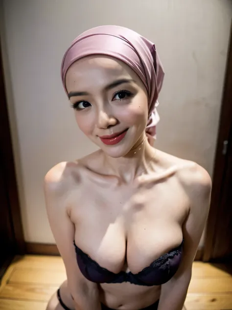 Malay women in hijab wearing sexy satin lilac color strapless bra and panties, portrait photography, 35 years old, mid shot photo, ultra detail, professional photograph with professional lighting, smile, sexy seducing pose, curvy,