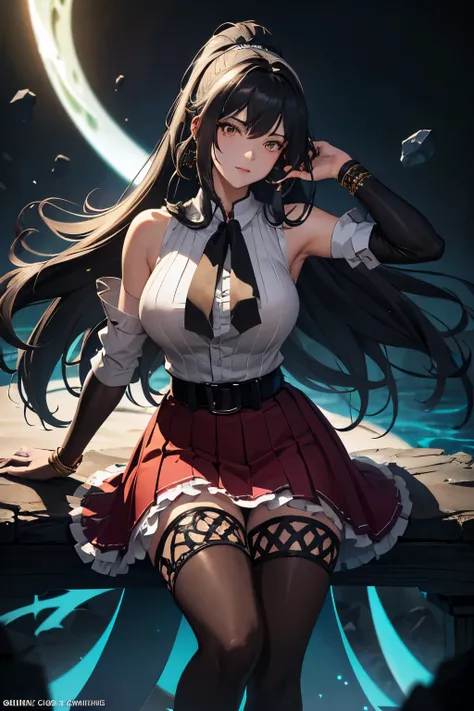 Fullbody of a 20-year-old chubby wolfwoman, NSFW, in a pleasantly flowing skirt and a sleeveless top, showcased in an 8k anime artwork. Her dark eyes radiate a captivating allure, and her long black ponytail flows gracefully. A light and transparent veil g...