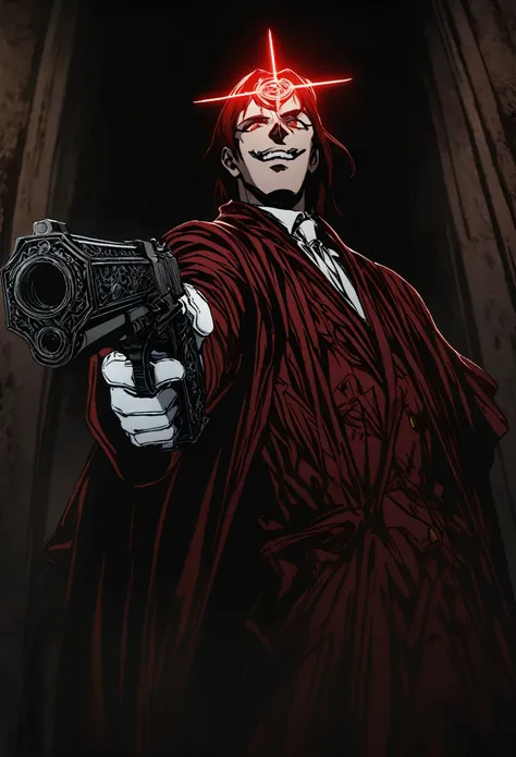 alucard from "hellsing" in close-up, in high quality.  fisheye effect, focusing the image on the barrels of their distinctive en...