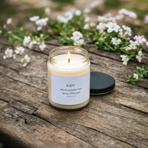 Mockup empty, a blank small beige candle in a jar with white label and black lid standing on a rustic wooden surface, with spring garden in the background, flowers and trees blooming, sony a7 camera, 50mm lens, shallow depth of field macro photography