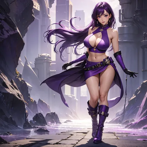 Full body, beatiful eyes, cute face, realistic, 8k, best quality, masterpiece, (1 cute woman, solo: 1.1), very big breasts, purple hair, purple crop top, purple skirt, purple gloves, purple heel boots, naked shoulders