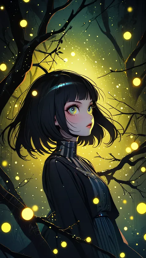 Kuvshinov among branches and fireflies, Sandusha, Fantasy Art, (((Surrealism))), (Style - Glass)