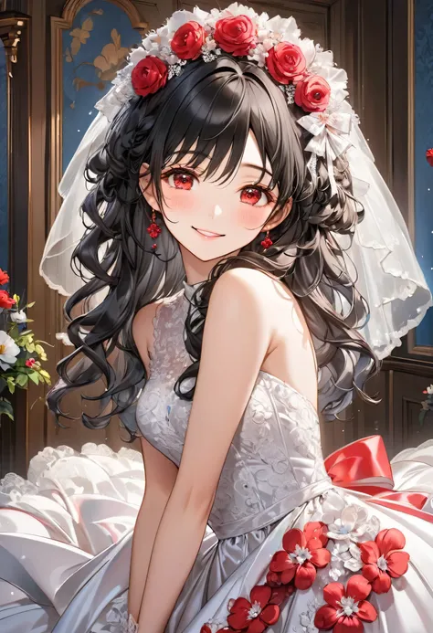 
(June Bride style) (15 yo, solo curly:1.3 black hair long hair lovely girl, detailed cute red eyes, love smile) (in a sexy bride A stunning silk dress), (in the room), BREAK, perfect anatomy, masterpiece, best quality, 16k, beautiful detailed grow, daydre...