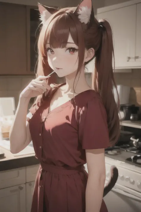 1 girl, Redhead, Twin tails,Long Hair、 Facial hair stripes, Red eyes, Impact, RAW Photos, 8k, masterpiece,(Cat girl), (smoking), Cat ear, Business casual attire, nice, Red dress shirt, Pretty Red Eyes, Cat's Tail, ((Crimson Red Eyes: 1.3, Upturned eye...
