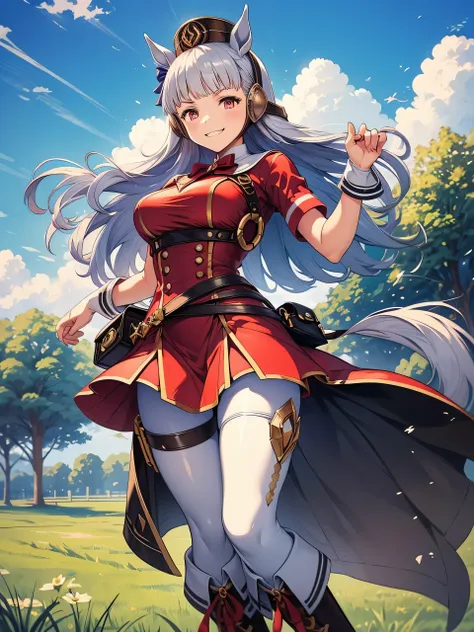 Dark color depiction、(masterpiece, highest quality:1.2), alone, One girl, umpd gold ship, pillbox hat, Red dress,No sleeve, White Pantyhose, boots, Horse tail,、grassland、Nature、Big Breasts、smile、Run、Feel the wind、summer