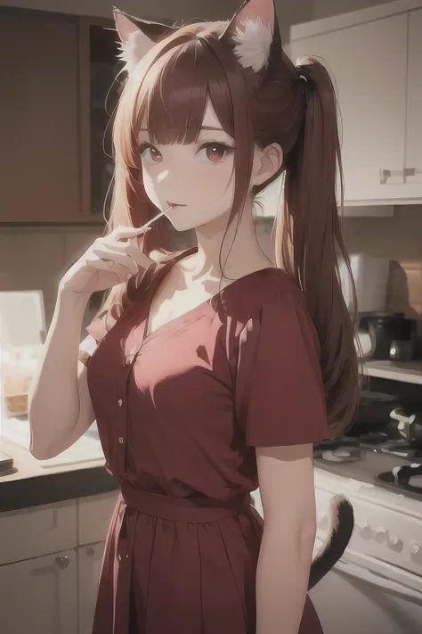 1 girl, Redhead, Twin tails,Long Hair、 Facial hair stripes, Red eyes, Impact, RAW Photos, 8k, masterpiece,(Cat girl), (smoking), Cat ear, Business casual attire, nice, Red dress shirt, Pretty Red Eyes, Cat's Tail, ((Crimson Red Eyes: 1.3, Upturned eye...