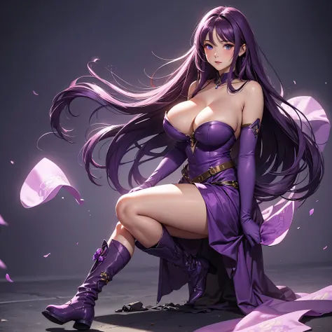 Full body, beatiful eyes, cute face, blush, realistic, 8k, best quality, masterpiece, (1 cute woman, solo: 1.1), very big breasts, long purple hair, purple dress, purple elbow gloves, purple knee high boots, naked shoulders