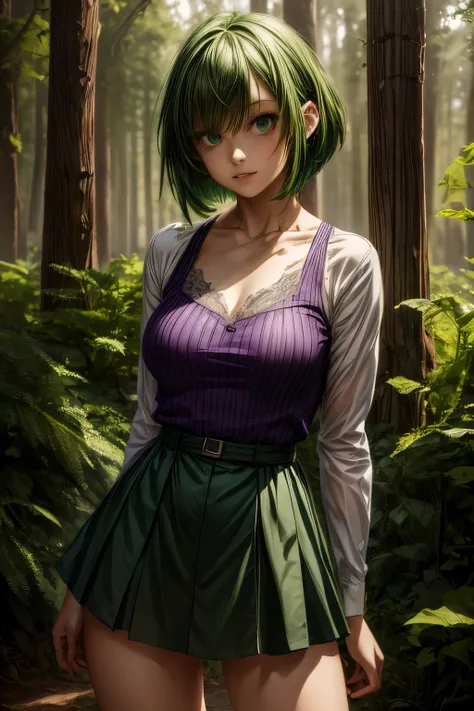 ratte867, 1girl, solo, (forest green hair:1.2), asymmetrical haircut, (violet clothes:1.2) masterpiece, best quality, photoreali...