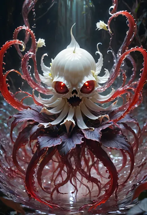 Magic plantloody ghost flower from the abyss, Ghost Flower,Blood-red tentacles stare at the dead，Enchantment，uncanny，terror