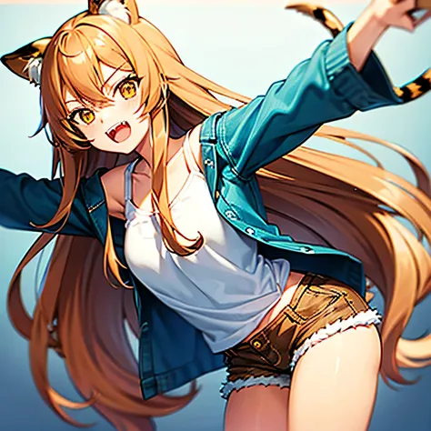 Cute girl, long caramel hair, brown eyes, leopard Nekomimi, fangs, wearing plain white T-shirt with teal vest and denim shorts, hair down,