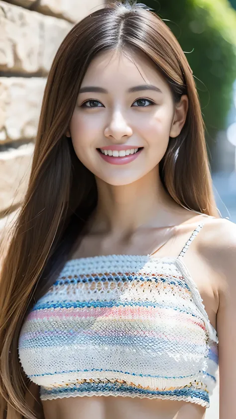 Japanese Girls、abroad、(（highest quality，masterpiece，超A high resolution）)，（Realistic：1.4），1 girl，Head to Knee，Dynamic posture，Adult face，slim，thin、(smile)，（Shiny skin），（overview，frontage，Twilight），Gray Hair，Long white hair，Rainbow Eyes，Large Breasts，Top Fas...