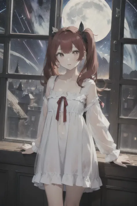 1 girl, Redhead, Twin tails,Long Hair、 Facial hair stripes, Red eyes, Impact, RAW Photos, 8k, masterpiece, (Girl floating on window sill, A girl is floating outside the window), (Looking through an open window, Look at the camera), (alone), ((Dark atmosphe...