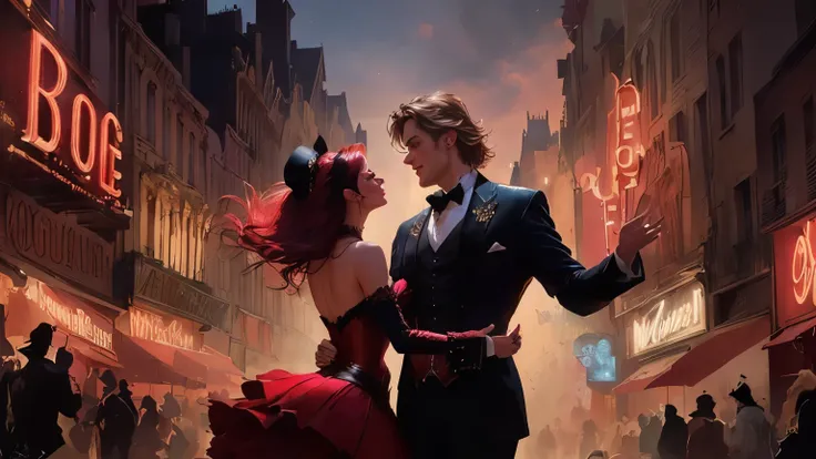 A picture of a couple dancing in a movie poster, Concept Art,  Concept Artists, Concept Art amazing atmosphere,  Concept Art :: Nyksuri, Rob Ray Concept Art, moulin rouge, amazing! Concept Art, Disney Art, beautiful Concept Art, zootopia Concept Art, mouli...