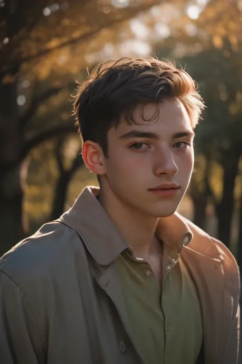 Handsome young man portrait, Shoot on Leica, shadow play, Spectacular lighting, Delicate pastel shades, outdoor ,alone