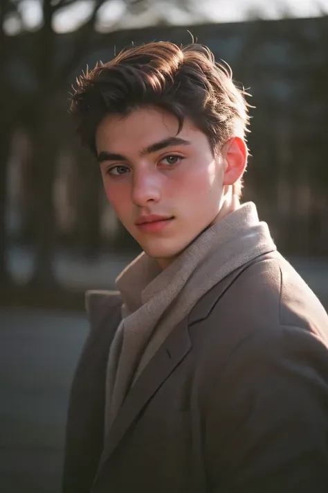 handsome young man portrait, shoot on leica, shadow play, spectacular lighting, delicate pastel shades, outdoor ,alone