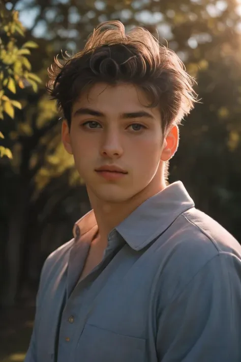 Handsome young man portrait, Shoot on Leica, shadow play, Spectacular lighting, Delicate pastel shades, outdoor ,alone