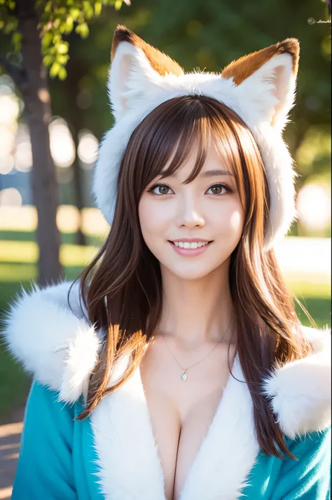 ultra sexy Swedish model, (-anime), only 1 female, very short hair, beautiful smile, lip-gloss, long lashes, defined eyebrows, fluffy fur fox cosplay, fluffy fur vivid colors outfit, fox cosplay accessoires, fox ears, vivid colors, look at the camera, cine...