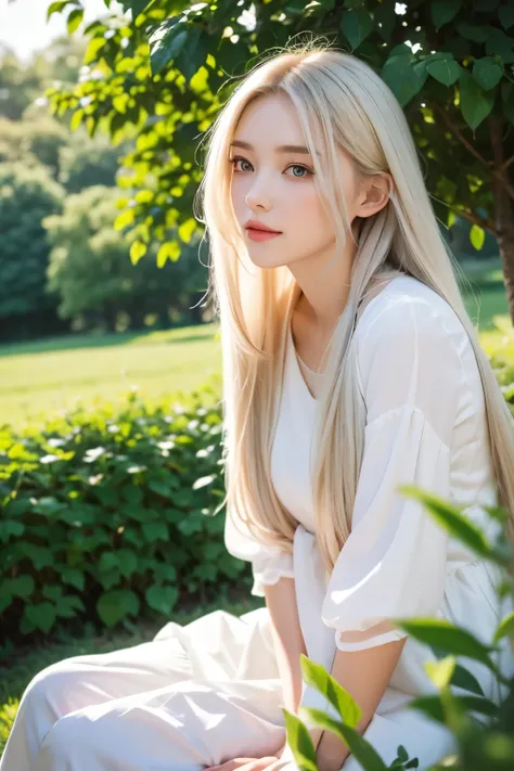 (masterpiece, best quality),1beautiful girl with long white hair sitting in a field of green plants and flowers, her hands are u...