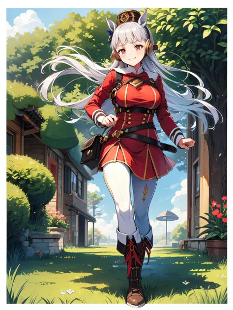 Dark color depiction、(masterpiece, highest quality:1.2), alone, One girl, umpd gold ship, pillbox hat, Red dress,No sleeve, White Pantyhose, boots, Horse tail,、grassland、Nature、Big Breasts、smile、running、Feel the wind、summer