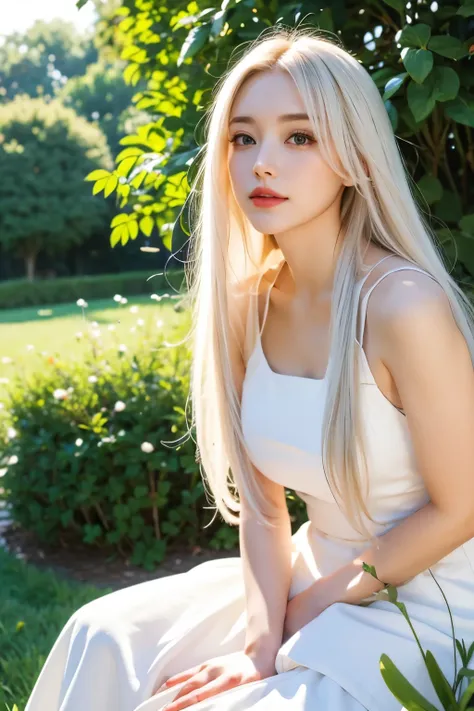 (masterpiece, best quality),1Beautiful girl with long white hair sitting in a field of green plants and flowers, Her hands are under her chin, warm lighting, white dress, blurry view